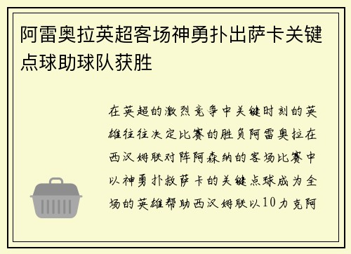 阿雷奥拉英超客场神勇扑出萨卡关键点球助球队获胜