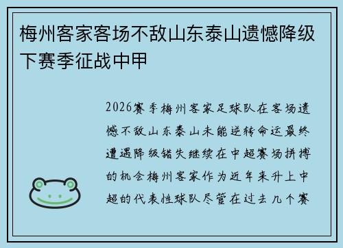 梅州客家客场不敌山东泰山遗憾降级下赛季征战中甲
