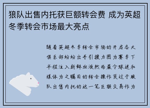 狼队出售内托获巨额转会费 成为英超冬季转会市场最大亮点